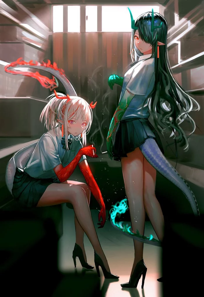 Dragon girls on a smoke break - Anime, Anime art, Arknights, Nian, Dusk (Arknights), High heels, Cigarettes, Girl with Horns, Smoking