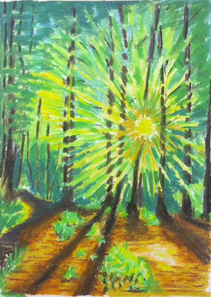 Sunset in the forest - My, Oil pastel, Forest, Sunset, Drawing