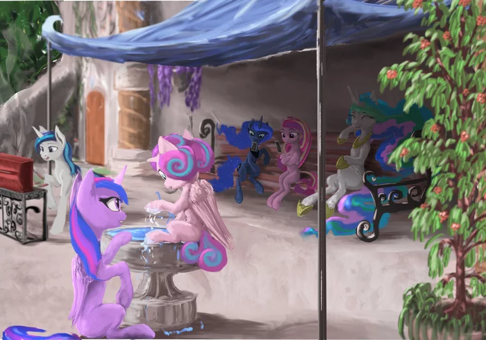 Shining barbecues while the princesses rest - My little pony, Princess luna, Twilight sparkle, Princess celestia, Flurry heart, Vladimir-Olegovych