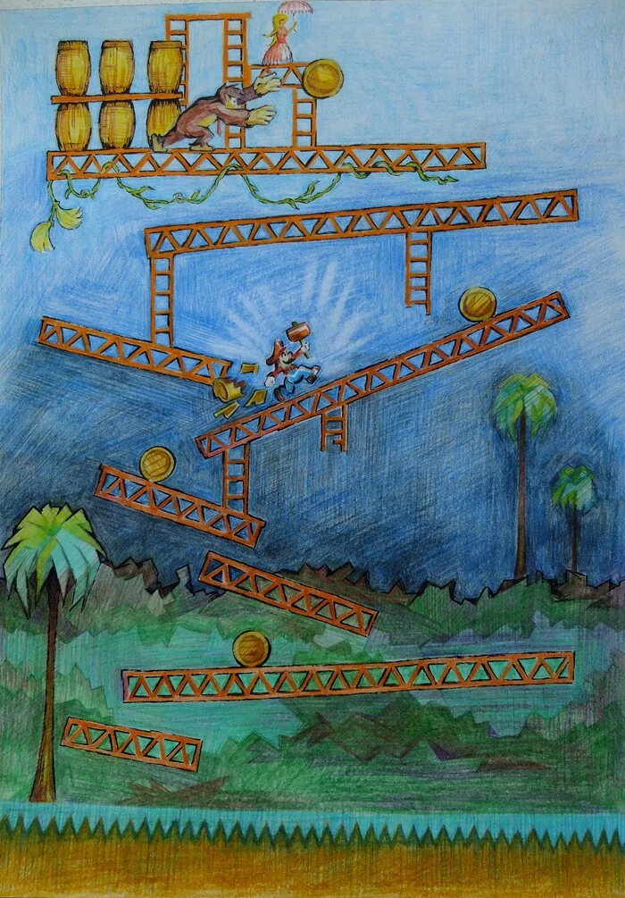 Donkey Kong art - My, Art, Painting, Game art, Dendy, Sketch, Sketch, Drawing process, Super mario, Donkey Kong, Pencil drawing, Colour pencils