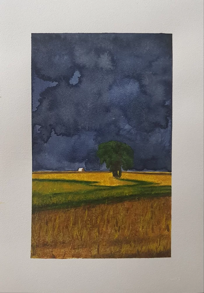 Watercolor - My, Watercolor, Drawing, Thunderstorm, Field, Painting