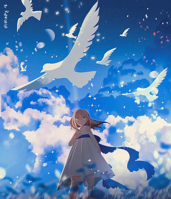 sky blue - Art, Illustrations, Girl, Clouds, Birds, Reinforced