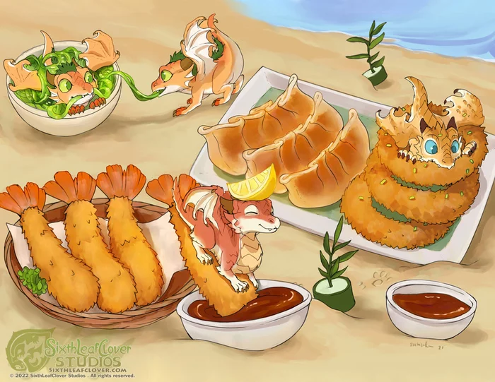 Sushi Whelps - The Dragon, Food, Yummy, 2D, Beach, Art, Fantasy, Mythical creatures, Longpost