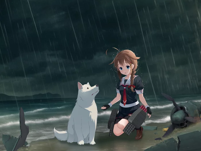 Shigure and Samoyed - Kantai collection, Shigure, Anime art, Anime, Games, Dog, Rain