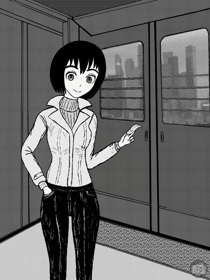 Chan on the train - My, Anime, Anime art, Drawing, Original character, Girls, Black and white, Creation, Humor, Train
