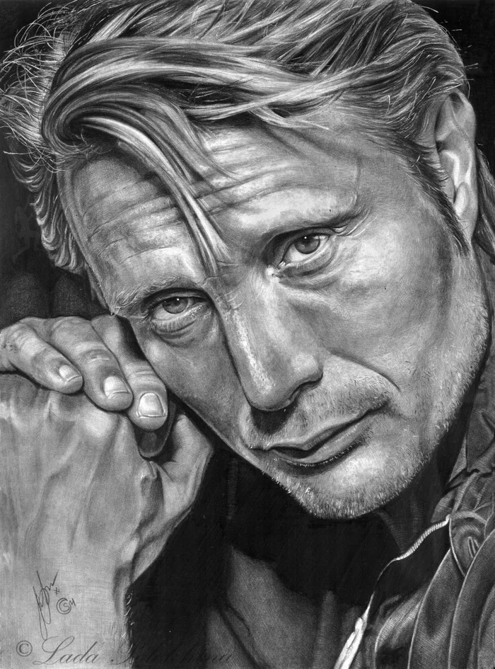 Drawing with simple pencils. Mads Mikkelsen - My, Graphics, Drawing, Pencil drawing, Mads Mikkelsen, Actors and actresses, Celebrities, Traditional art, Portrait