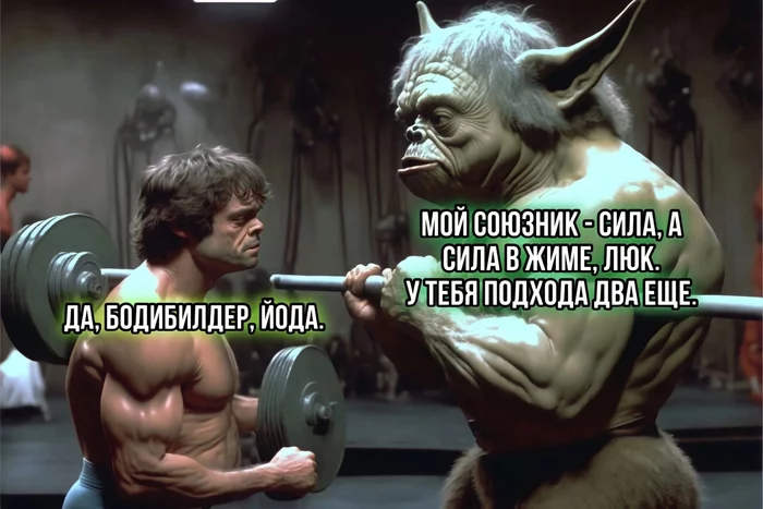 Да прибудет с вами сила - Качок, Юмор, Картинка с текстом, Спорт, Star Wars, Йода, Нейронные сети, Midjourney