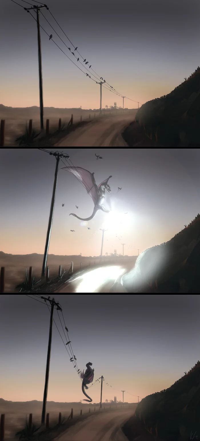 Zap! - Art, Wyvern, Power lines, Birds, Discharge, Sunset, The Dragon, Longpost