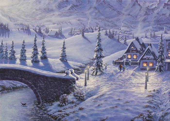 Winter evening in the village - Landscape, Village, Winter, Bridge, House, Oil painting, Art