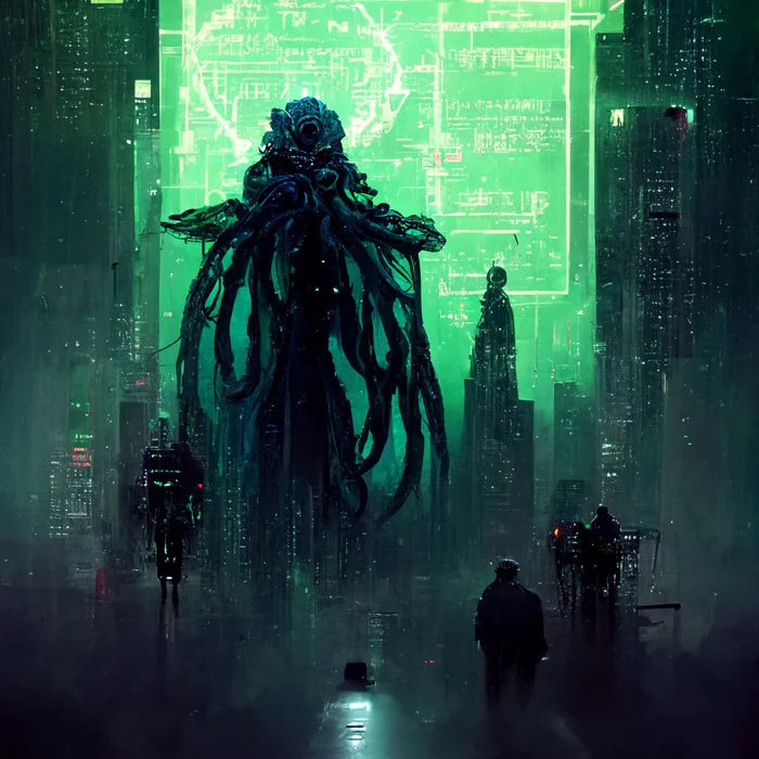 Cthulhu in the cyberpunk world according to Midjourney - Midjourney, Нейронные сети, Art, Cthulhu, Cyberpunk