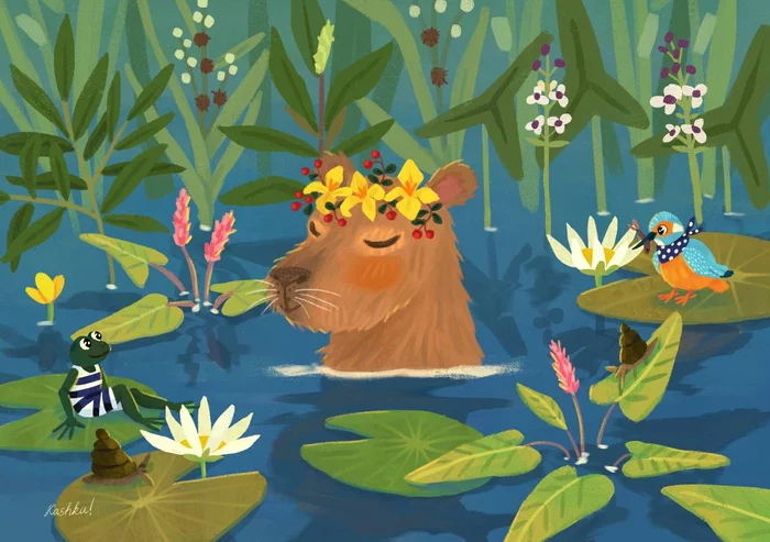 capybara - Capybara, Wreath, Art, Landscape, Water, Frogs, Kingfisher