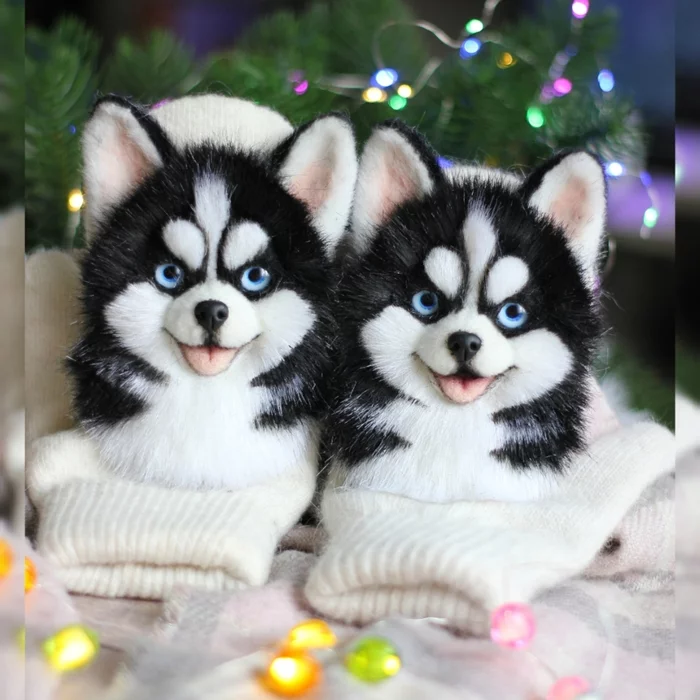 Husky - My, Needlework without process, Handmade, Mittens, Husky, Dog, Artificial fur, Sewing