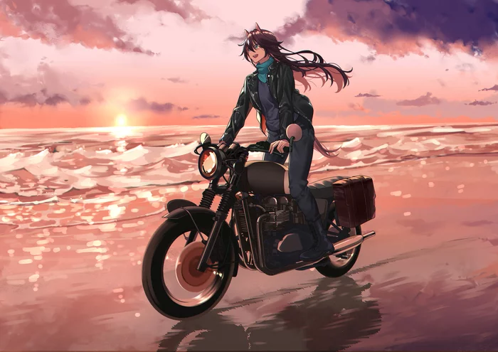 Freedom and speed - Art, Anime, Anime art, Animal ears, Neko, Moto, Romance, Meteor (Arknights)