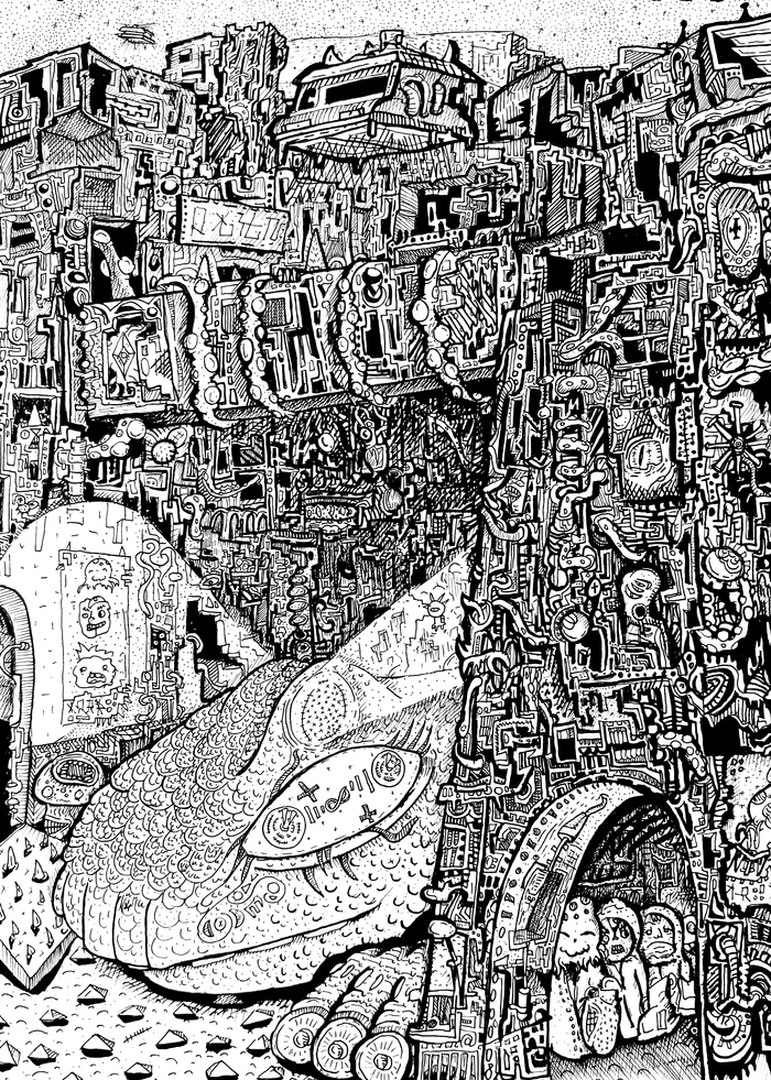 Gorgon - My, Art, Drawing, Illustrations, Doodle, Monster, Town, Aliens, Погоня, Lizard, Details, Digital, Characters (edit), Beginner artist