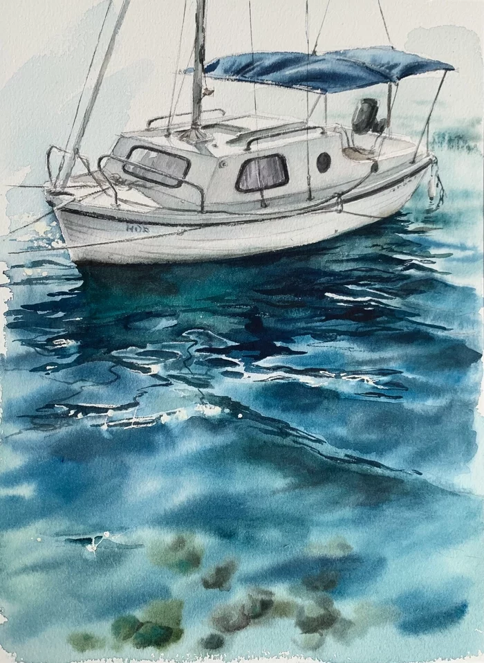 Sea plot - Landscape, My, Watercolor, Sea, Yacht