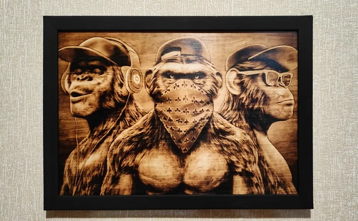 “If I do not see evil, do not hear about evil and do not say anything about it, then I am protected from it” - My, Pyrography, Painting, Monkey, Presents, CNC, Machine