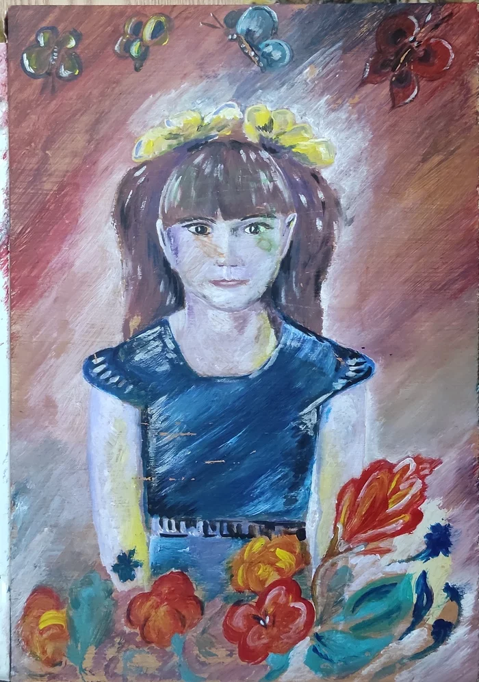 Girl and butterflies - My, Girl, Butterfly, Tree, Acrylic, Painting, Drawing