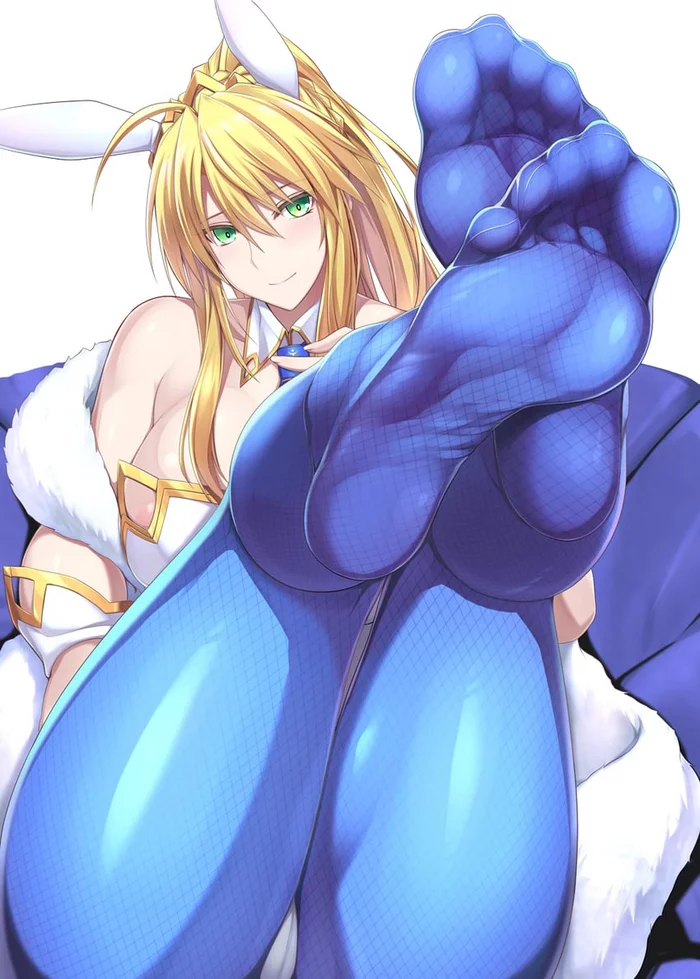 Happy Monday to you, people of high culture - NSFW, Anime, Anime art, Fate, Fate grand order, Bunnysuit, Tights, Foot fetish, Legs, Hips, Feet, Cameltoe, Animal ears, Artoria pendragon lancer