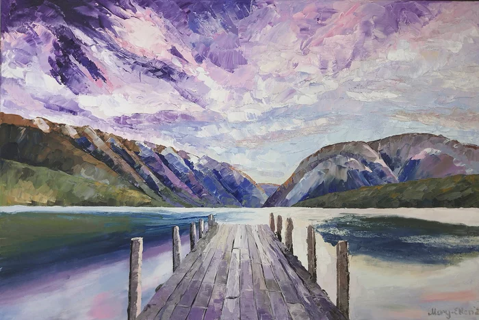 Lilac dawn over the lake - My, Landscape, Palette knife, Lilac, dawn, Purple, Summer, Nature, Serenity, Silence