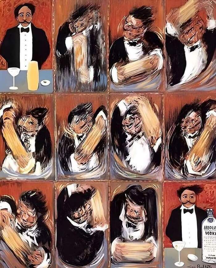 The Making of the Perfect Martini (Guy Buffet, 2000) - Bartender, Cocktail, Painting, Painting, Humor, Repeat