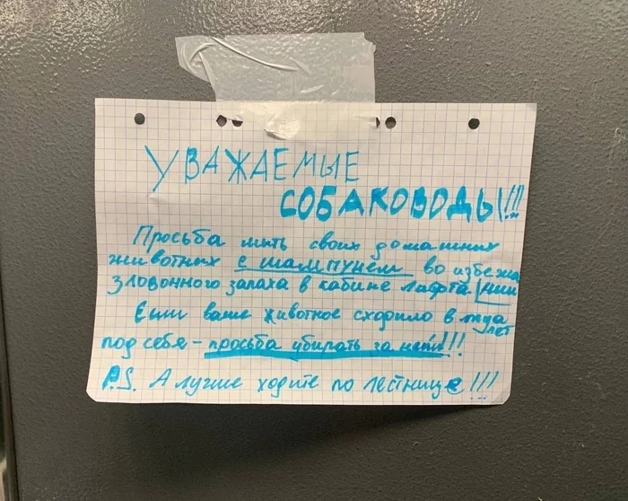 In one of the high-rise buildings in Lublin, neighbors communicate in the elevator cabin with the help of announcements - Neighbours, Troubled neighbors, Dog lovers, Elevator, Announcement, Moscow