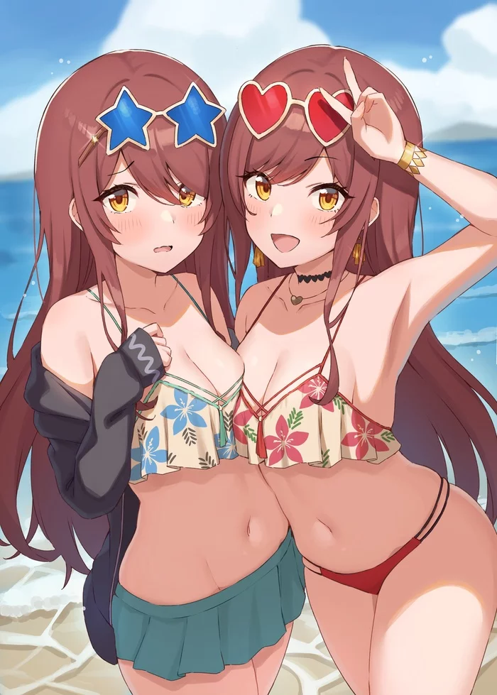 Twins on the beach - NSFW, Anime, Anime art, Art, The idolmaster, Oosaki amana, Oosaki Tenka, Swimsuit, Boobs, Nudity, Hand-drawn erotica, Erotic, Longpost