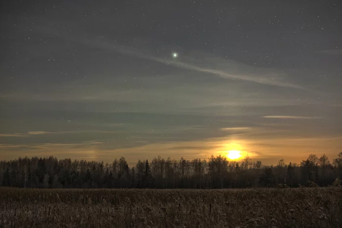 Jupiter and the departing Moon - My, The photo, Nature, Sky, Winter, Astrophoto, moon, Stars, Night