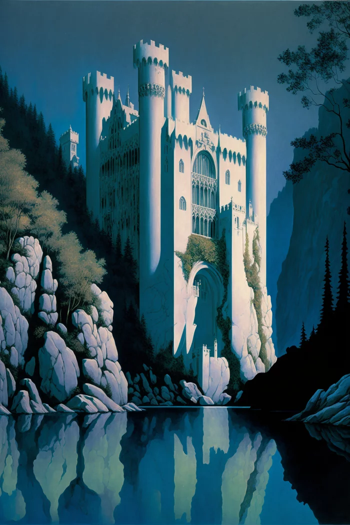 White gothic fortress near the lake - Artificial Intelligence, Нейронные сети, Midjourney, Milota, Collage, Gothic, Fortress, Lake, Longpost