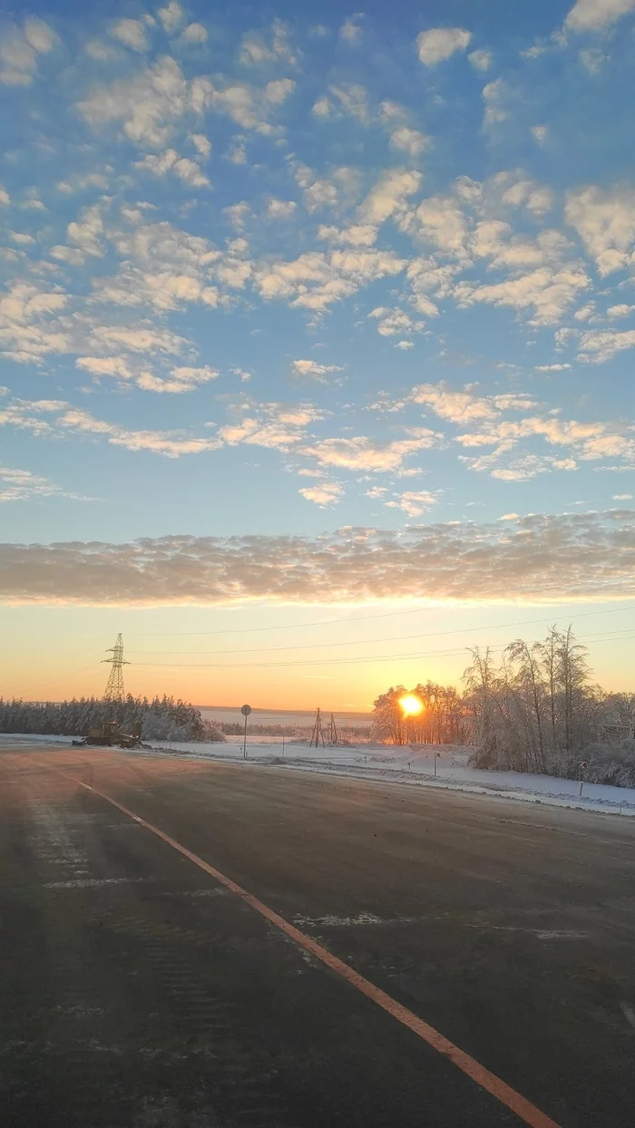 Morning on the way - My, Tatarstan, Good morning, The photo, Sky, Clouds, Mobile photography