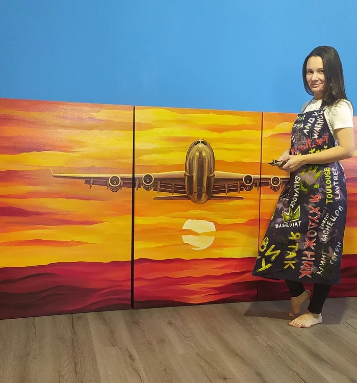 IL aircraft on three canvases. Overall size 240cm-120cm - My, Airplane, Passenger aircraft, Silt, Painting, Canvas, Technics, Sunset, Video, Vertical video, Longpost