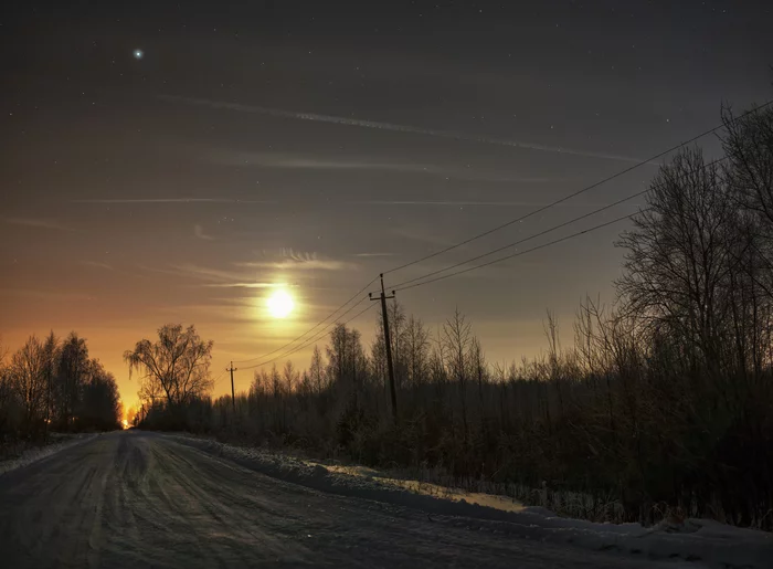 moon path - My, The photo, Nature, Sky, Winter, Stars, moon, Starry sky, Road