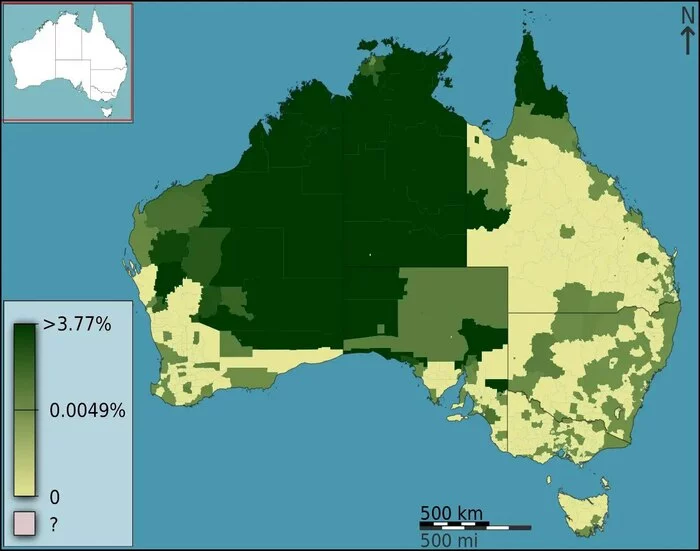 На этой карте показан процент людей, говорящих сегодня дома на языке коренных народов в каждом районе Австралии - Кросспостинг, Pikabu publish bot, Австралия, Коренные народы, Статистика