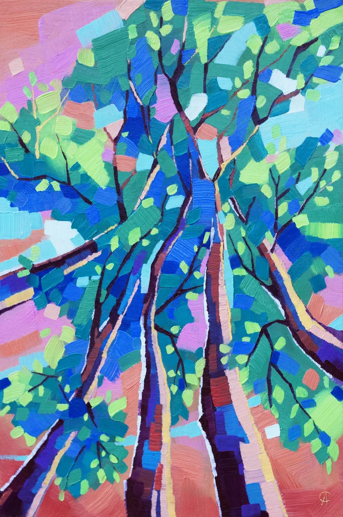 Look up. Abstract trees. Oil on canvas 40 x 60 cm - My, Art, Artist, Modern Art, Painting, Oil painting, Abstraction, Abstractionism, Landscape, Tree, Green trees, Another look, Longpost