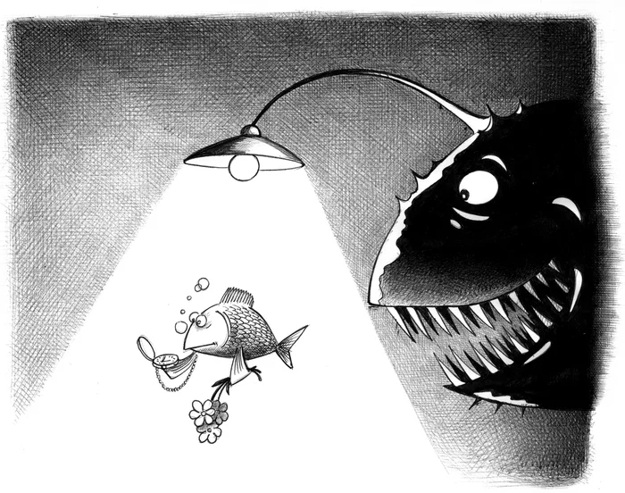 under the lantern - My, Caricature, Sergey Korsun, Pen drawing, Lamp, Anglerfish, Date