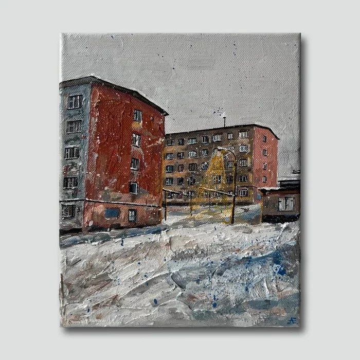 One Murmansk Day, acrylic, texture paste - My, Murmansk, Painting, Artist, Winter, House, Longpost