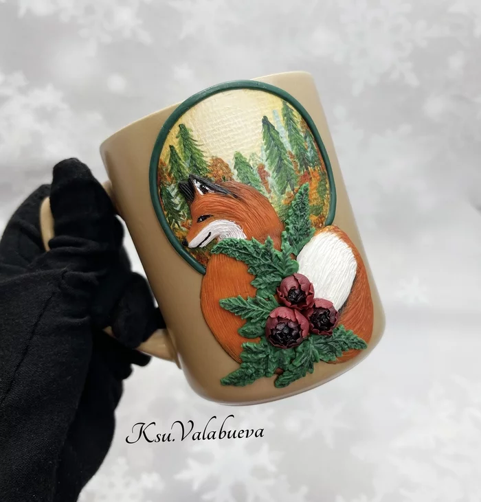 Mug with decor Fox - My, Polymer clay, Fox, Autumn, Кружки, Handmade, With your own hands, Needlework, Needlework without process, Peonies, Longpost