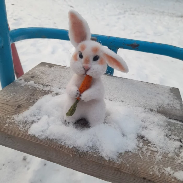 The year of the Rabbit is coming))) Here's a rabbit ribbon made of sheep's wool for you))) - My, White Rabbit, Rabbit, Toys, Wallow, Dry felting