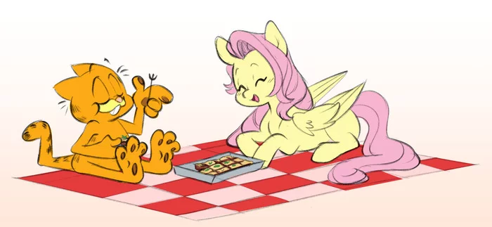 Garfield, Lasagna and Flatty - My little pony, Art, Fluttershy, MLP crossover, Garfield