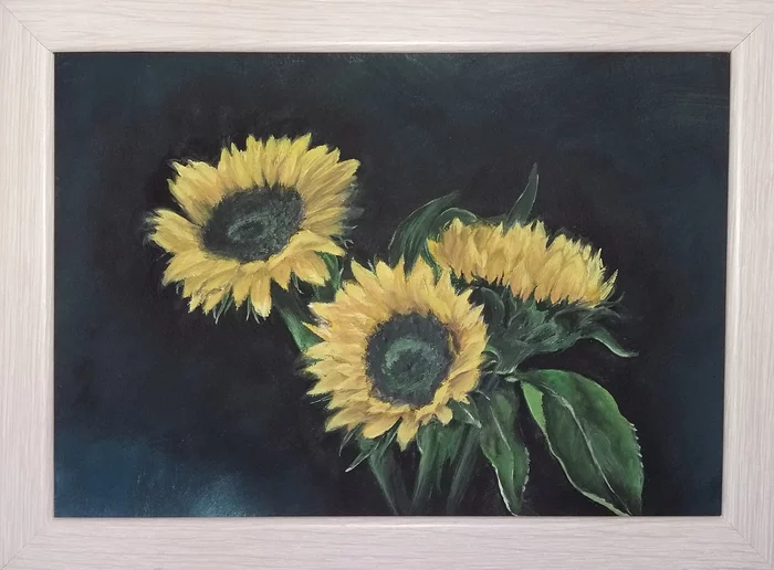 Painting Sunflowers on black - My, Creation, Painting, Artist, Gouache, Flowers