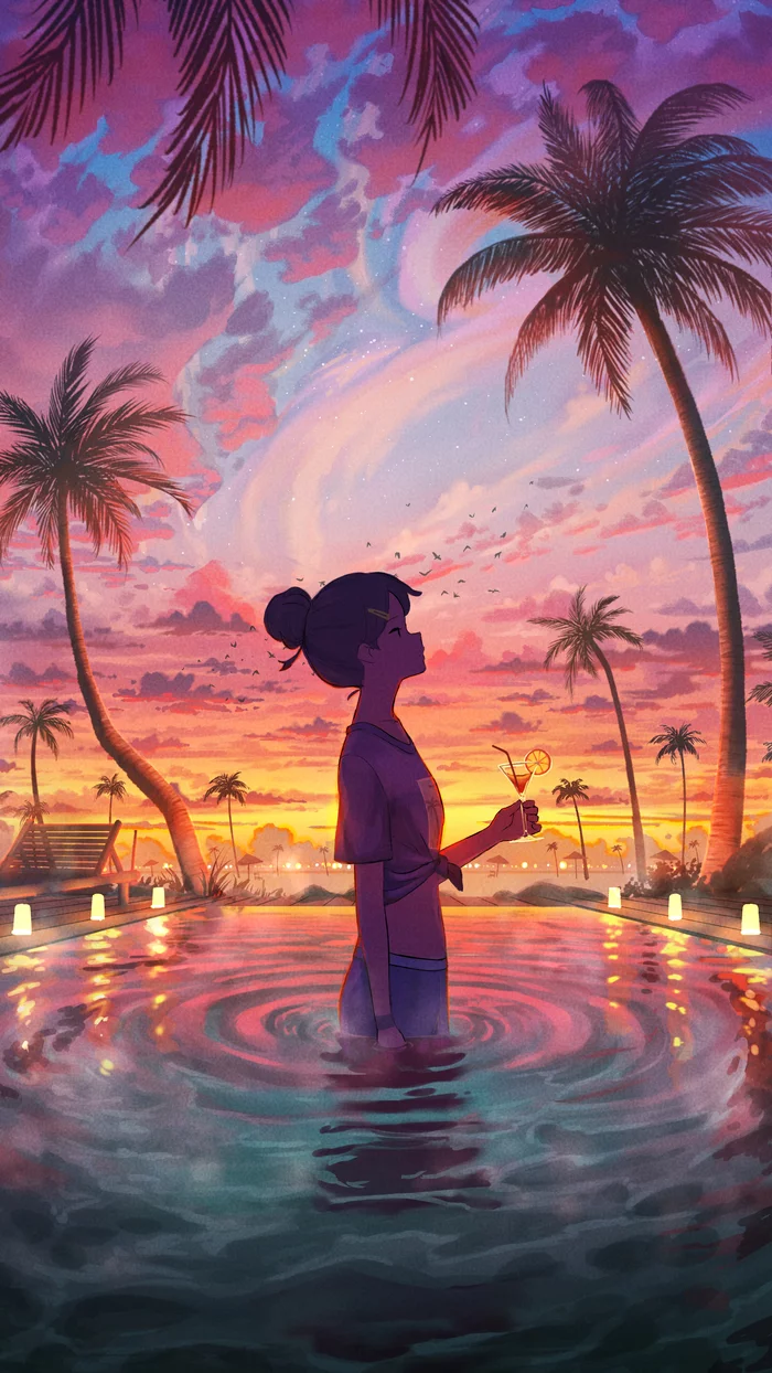 Reflections - Art, Illustrations, Girls, Swimming pool, Cocktail, Evening, Sunset