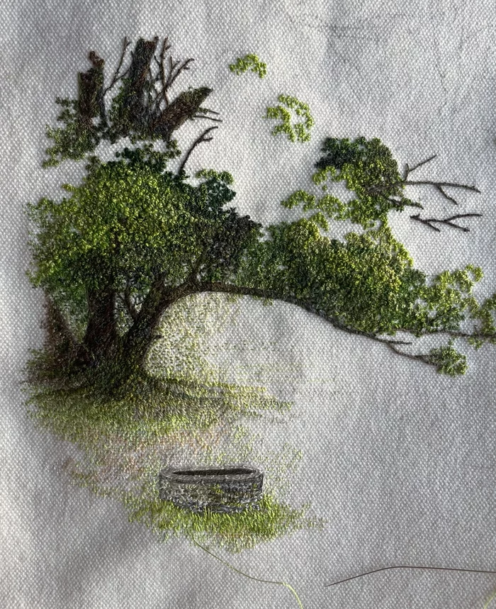 Tree, well and tower) - My, Embroidery, Needlework, With your own hands, Needlework without process