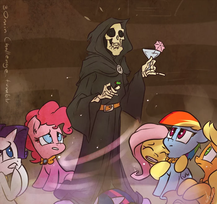 - WHAT, TWILIGHT. HERE I COME TO YOU - My little pony, Twilight sparkle, Applejack, Pinkie pie, Fluttershy, Rarity, Grim Reaper, Flat world