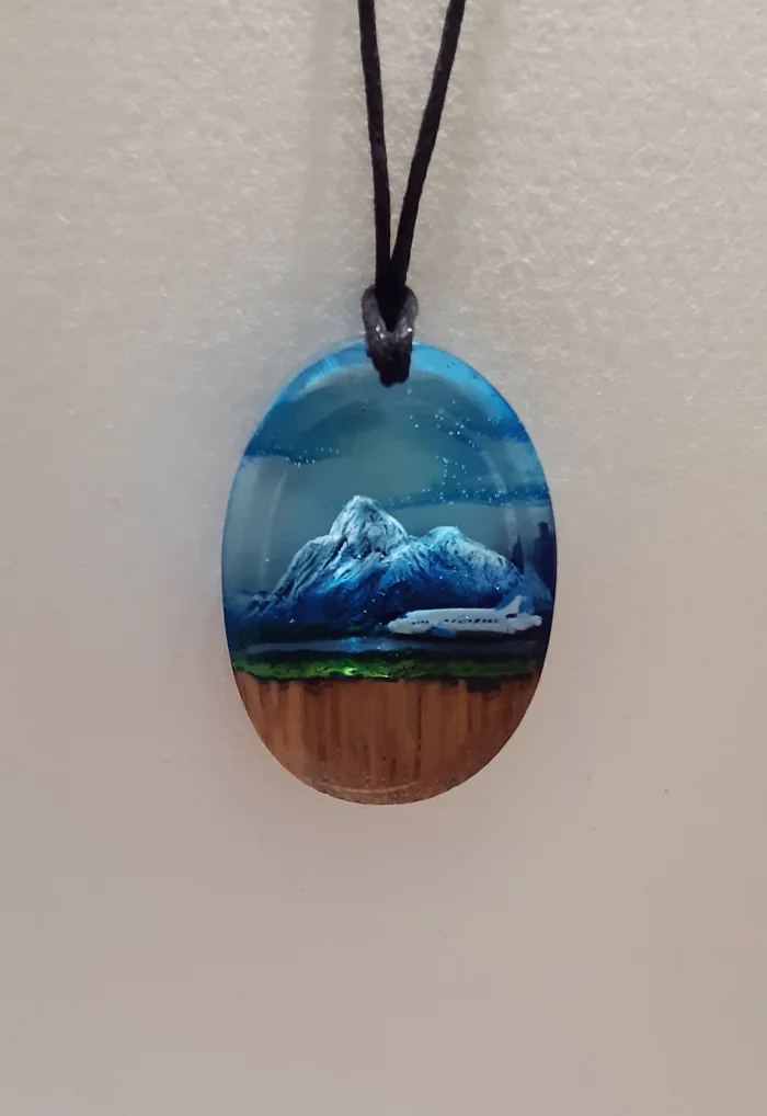 Pendant with mountains and an airplane - My, Polymer clay, Pendant, Handmade, With your own hands, Longpost