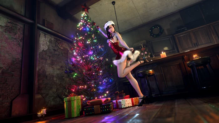 Tifa Lockhart Christmas - NSFW, Эротика, Арт, Tifa Lockhart, Final Fantasy VI, 3D, Сиськи, Рождество, Ёлки, Подарки, Новогодний костюм, Бар