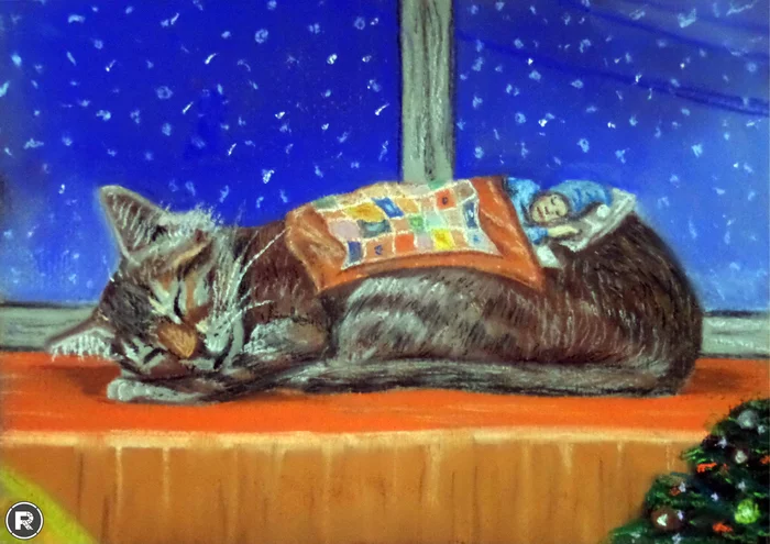 Winter sleep - My, Pastel, Creation, cat, Dream, Winter, New Year