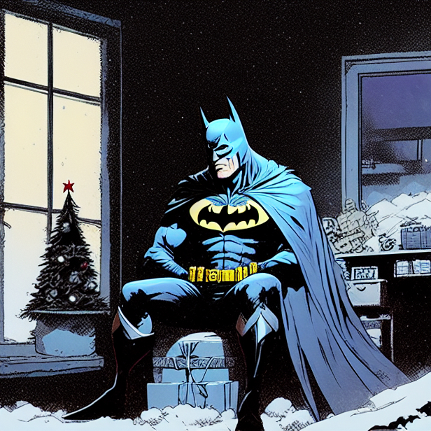 Tired Batman waits for Christmas to open gifts - My, Stable diffusion, Artificial Intelligence, Neural network art, Midjourney, Batman, New Year, Christmas, Computer graphics, Art, Digital, 2D, Comics, Digital drawing, Characters (edit), Longpost