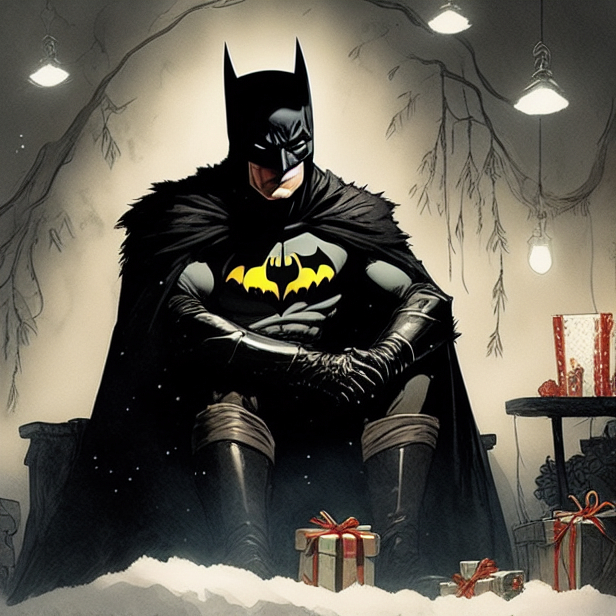 Tired Batman waits for Christmas to open gifts - My, Stable diffusion, Artificial Intelligence, Neural network art, Midjourney, Batman, New Year, Christmas, Computer graphics, Art, Digital, 2D, Comics, Digital drawing, Characters (edit), Longpost