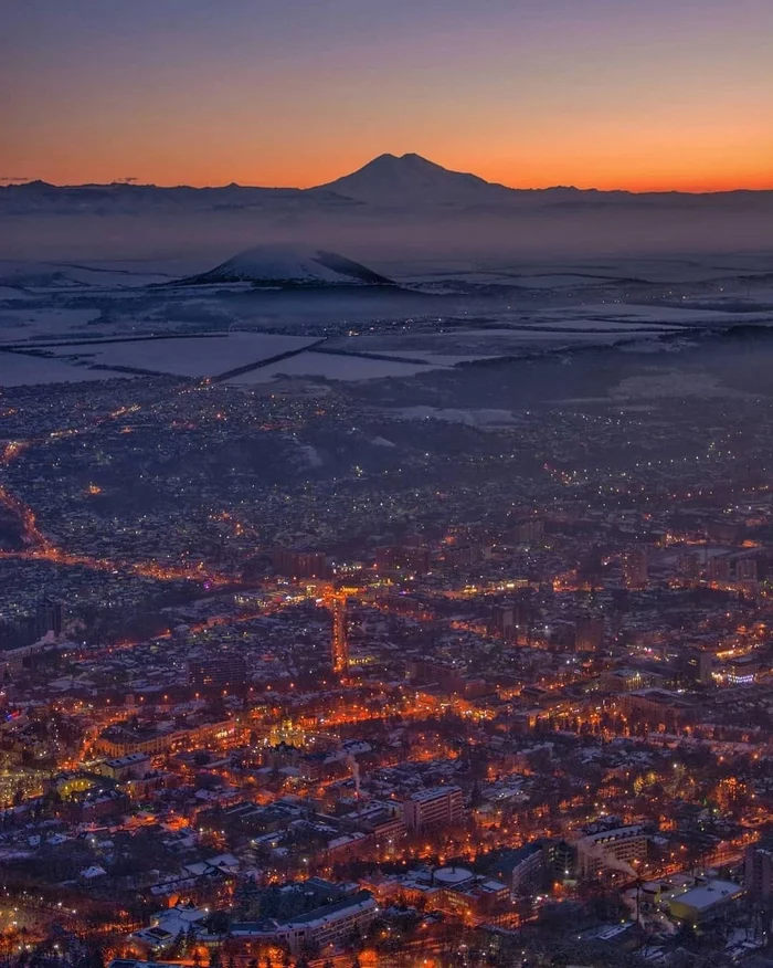 Lights of Pyatigorsk and handsome Elbrus - Pyatigorsk, Caucasus, Town, Elbrus, beauty, The photo