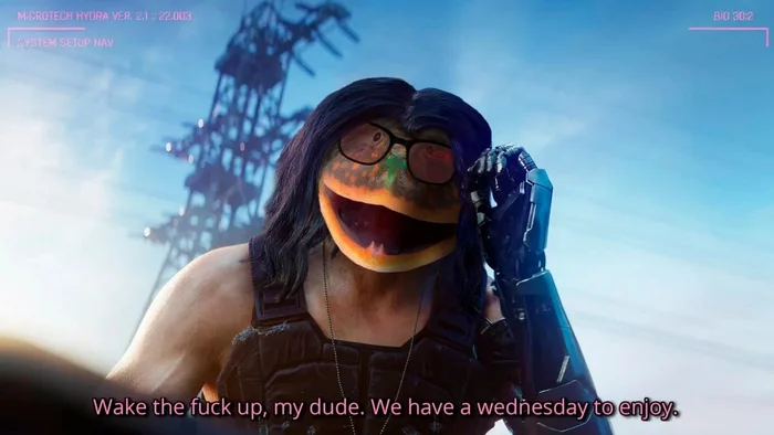 Wake the fuck up, it is wednesday, my dudes! - It Is Wednesday My Dudes, Лягушки, Картинка с текстом, Жаба, Cyberpunk 2077, Юмор