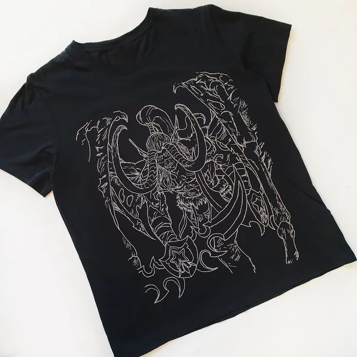 Hand embroidery | World of Warcraft | Illidan Stormrage - My, Creation, Handmade, Embroidery, Needlework, World of warcraft, Blizzard, Warcraft, Computer games, Satin stitch embroidery, T-shirt, Art, Needlework without process, With your own hands, Customization, Craft, Longpost